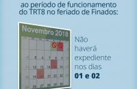 Calendário em fundo azul com as informações: "Fique atento ao funcionamento do TRT8 no feriado de finados"