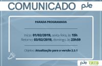 arte comunicando a parada programada do Processo Judicial Eletrônico (PJe)  com data e hora de início e retorno