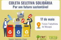 Arte em fundo amarelo à esquerda mostrando os coletores de material reciclável e no centro escrito Coleta Seletiva Solidária.