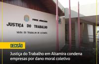Foto do Fórum de Altamira com a palavra "Decisão" escrita sobre fundo amarelo e manchete  da notícia em letras brancas.