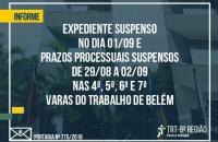 Arte informando as datas da suspensão nas 4ª, 5º, 6ª e 7ª  Varas do Trabalho de Belém