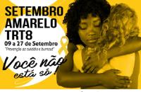 Arte em tons de amarelo com duas mulheres se abraçando e o laço alusivo da campanha. Em um balão, informações da campanha.