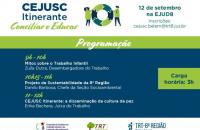 Arte com a logomarca CEJUSC itinerante, e a programação do evento do dia 12/09.