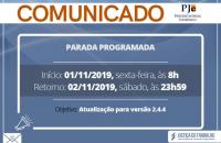 Arte azul e branca informando a parada programada do PJe nos dias 1 e 2 de novembro de 2019