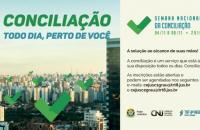 Na foto: Informações sobre a campanha de conciliação, ao lado, foto de prédios com o símbolo de verificado sobre, na cor verde.