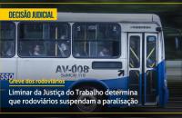 Arte: imagem de ônibus em detalhes azul e em amarelo escrito decisão judicial.