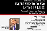 Homem falando ao microfone e nome do evento Encerramendo do ano letivo EJud