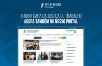 Arte: página principal do portal em fundo azul com a frase "A nova cara da JT agora também em nosso portal".