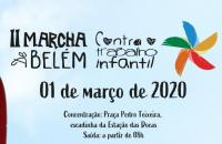 Arte: Fundo azul bebê e nele a logomarca da II marcha escrito com letra de criança e a imagem do catavento de 5 pontas colorido.