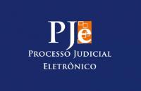 Arte; logomarca do PJe em fundo azul