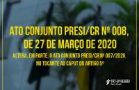 Arte:Fachada do TRT8 e texto sobre a imagem informando sobre Ato 008 que suspendeu prazo processual até 30 de abril.