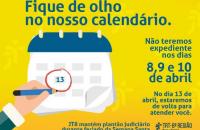 Arte em tons amarelo e azul com uma mão circulando os dias de feriado da semana santa em que o expediente será suspenso no TRT8.