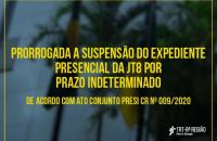 Arte: Fachada do prédio do TRT8 e no centro informações sobre o ATO 009/2020.