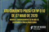 ARTE:  Imagem da Fachada do TRT8 desfocada e por cima da imagem as infrmações do Ato Presi/CR 010.
