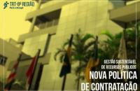 ARTE: fachada do prédio do TRT8 em sépia e no canto inferior direito escrito nova política de contratações.