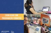 arte em azul e laranja com duas fotos de servidores em teletrabalho