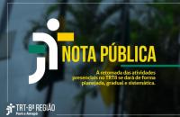 Arte: Fachada do prédio do TRT8 e ao centro escrito NOTA PÚBLICA.
