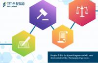ARTE: Fundo branco com 4 formas geometricas coloridas com imagens que remetem a magistratura e texto no canto inferior direito.