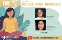 arte com ilustração de mulher meditando e foto dos dois palestrantes