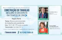 ARTE: Fundo azul claro, à esquerda o tema e  as informações da live; à direita fotos e currículo dos dois palestrantes.