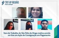 Arte: fundo branco com fotos do juiz e das partes que participaram da audiência.