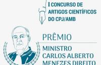 ARTE: Fundo branco com lettering em azul sobre o concurso de artigos cientificos dos magistrados