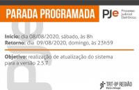 arte em branco, azul e laranjado com comunicado de parada programada do PJE