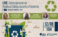 Arte: fundo que imita textura de papel reciclado. Duas pessoas despejando resíduos no coletor e no alto as informações da live.