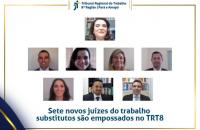 Arte: Fundo branco, no alto centralizada foto da desembargadora e embaixo em formato de pirâmide as fotos dos novos juízes. 
