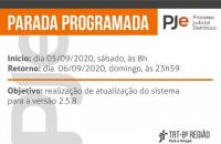 ARTE: Comunidado sobre parada programada do PJE com logo do PJE em laranja e cinza, fundo branco padronizado do TRT8