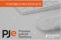 Arte: logomarca do PJe sobre imagem de teclado de computador em fundo branco.