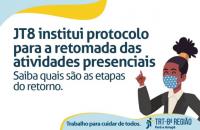 Arte: Fundo branco com ilustração, à direita, de mulher negra usando máscara e, à direita, informações sobre a retomada .