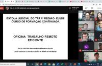 Captura de tela mostra um slide com o nome da oficina. No canto direito da tela, um mosaico de alguns participantes.