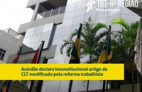 Arte: Fachada do Tribunal e tarja amarela com a manchete da notícia.
