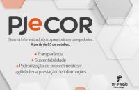 Arte: Fundo branco geométrico com logo do PJe Cor em destaque e principais destaques.