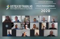 ARTE: Fundo desfocado com captura de tela dos magistrados e servidores presentes e logo da JT8 no canto superior esquerdo