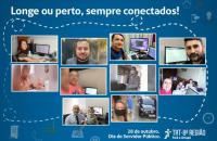 ARTE: Fundo azul, nove fotos de servidores em seus locais de trabalho.