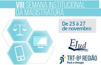 ARTE: FUNDO BRANCO COM DETALHES EM AZUL ELOGOS DE JUSTIÇA E LOGO DO TRT8 NO CANTO INFERIOR DIREITO