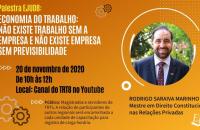 ARTE: Fundo laranja com logo da EJUD8 no canto inferior direito, com escrita sobre o evento virtual e a foto do palestrante