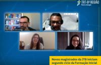 Arte em azul, com capturas de tela dos magistrados durante as reuniões práticas via meet. Logo da JT8 e informações do texto.