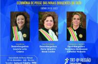 Arte: Fundo azul e ao centro fotos das três dirigentes com seus respectivos nomes