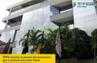 Faixada do prédio do TRT8 e legenda com o título da matéria.