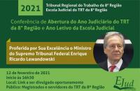 Arte: Fundo em duas tons de verde  com foto do ministro e informações sobre a conferencia de abertura..