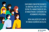 pessoas mascaradas olhando para cima e a informação da manutenção de 50% do atendimento presencial.