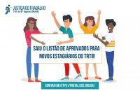 ilustração mostra 4 estudantes segurando faixa escrito listão de aprovados.