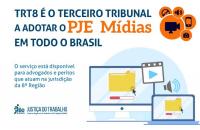 Arte de divulga do PJE Mídias com imagens de celular, vídeos e notebook