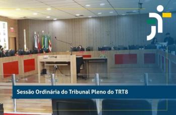 #ParaTodosVerem: Arte gráfica como fundo a sala do Pleno do TRT-8. No canto superior direito, a logomarca do TRT-8.