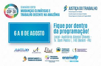 #ParaTodosVerem: Arte gráfica nas cores branco e azul. No card, o texto: Seminário COP30. Mudanças Climátcas e Trabalho Decente 