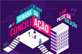arte gráfica com fundo lilás da Semana Nacional de Conciliação.