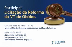 arte gráfica nas cores azul e branca com a frase: Participe! Licitação de Reforma da vt de óbidos, na cor amarela. 